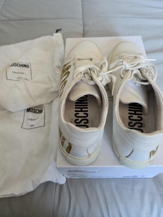 Moschino Shoes - Moschino White Sneakers with Gold Logo Detailing